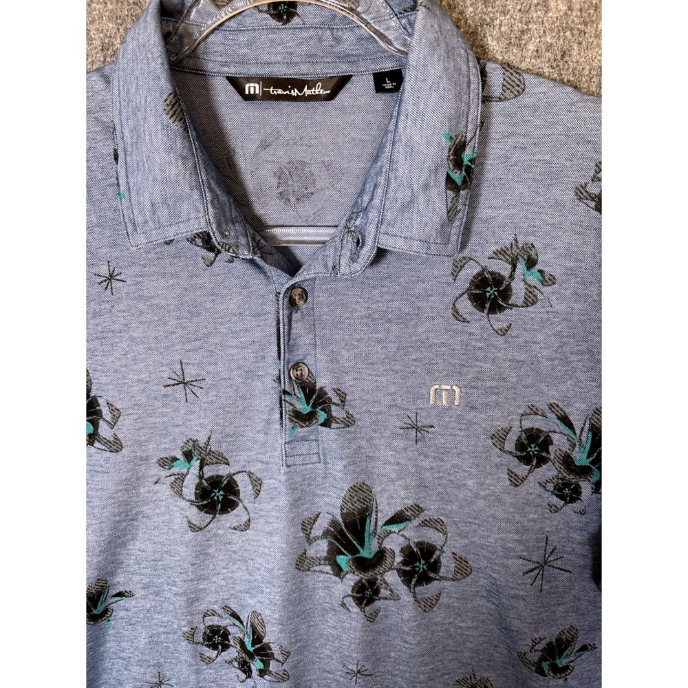 TravisMathew Mens Large Blue Floral Print Short Sleeve Golf Polo Shirt L‎